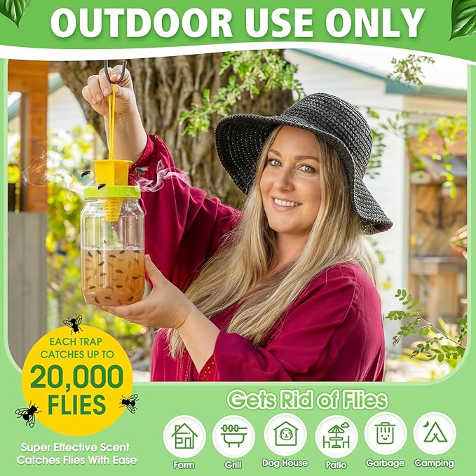 6 Pack Fly Traps Outdoor, Reusable Fly Catcher Bottles with Bait Hanging Flies Traps with Non-Toxic Dissolvable Bait Refills for Flying Insect Drain Patio Garden Yard Barn Outdoor