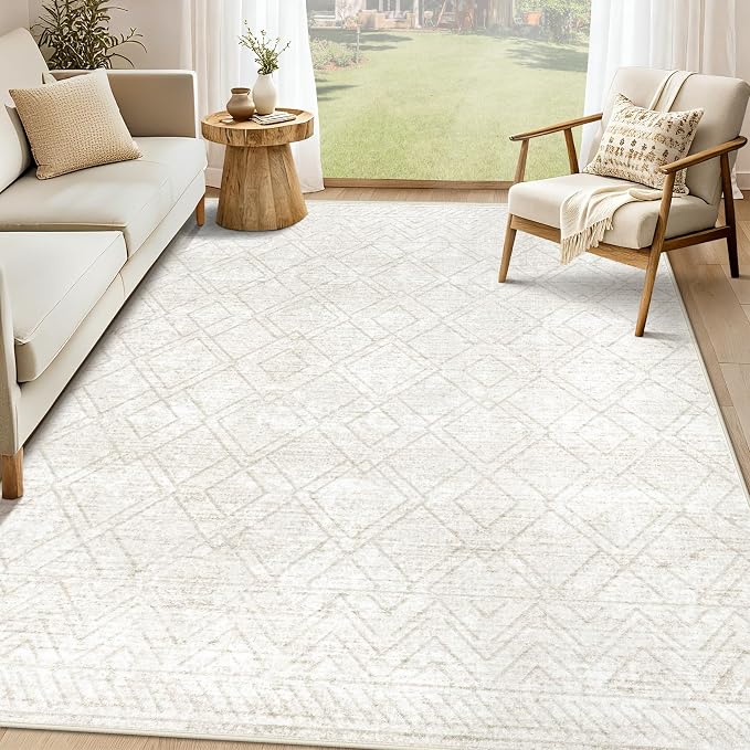 Area Rugs 6x9 Living Room Rug: Washable Geometric Moroccan Neutral Rugs Boho Modern Non Slip Area Rug Soft Indoor Floor Low Pile Carpet for Bedroom Nursery Dining Room Home Office (Beige, 6'x9')