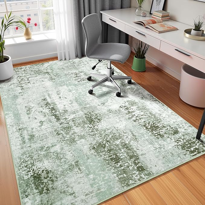 5x7 Green Washable Area Rug for Living Room Bedroom, Modern Abstract Non-Slip Rugs, Low Pile Soft Stain Resistant Carpet for Dining Room, Office, Dorm Decor