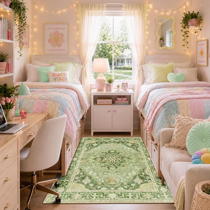RELEANY Washable Area Rug, 4'x6', Green/Yellow | Non-Slip, Water Repellent, Pet Friendly, Easy to Clean, Vintage Floral Boho Decor for Living Room Bedroom Kitchen Office