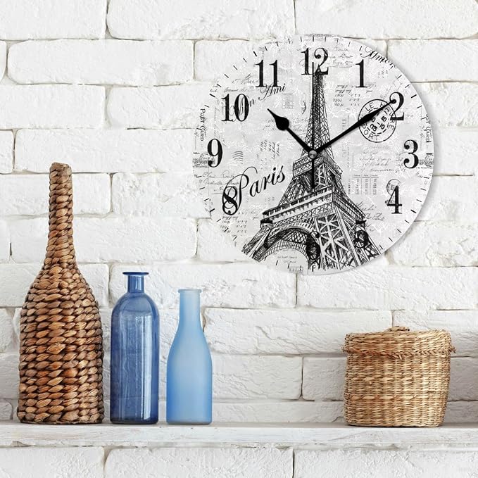 Paris Eiffel Tower Wall Clock, Silent Non Ticking 10 Inch Battery Operated Wall Clocks, Easy to Read Clock for Home Kitchen Living Room Bathroom Office Decor