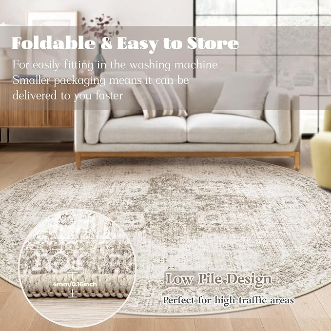 Round Rugs 6ft Washable Rug, Vintage Boho Medallion Rugs Non-Slip Soft Low Pile Circle Distressed Rug Indoor Retro Carpet for Living Room Bedroom Dining Room Home Office (Taupe, 6' Round)