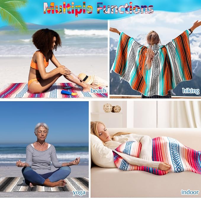 Oudain 3 Pack Mexican Blankets 45 x 70 Inch Woven Serape Throw Blanket, Baja Yoga Blanket for Beach Picnic Camping Boho Couch Decor Travel Outdoor (Fresh Color)