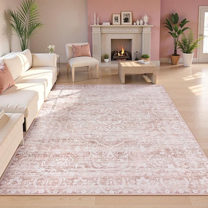 Lahome Pink Rugs for Bedroom Girls,Cute Nursery Rug Boho Area Rugs 5x7 | Floral Living Room Rug Carpet Ultra-Thin Soft Washable, Kids Rugs for Playroom Baby Room Decor Dorm Aube (Light Pink, 5'X7')