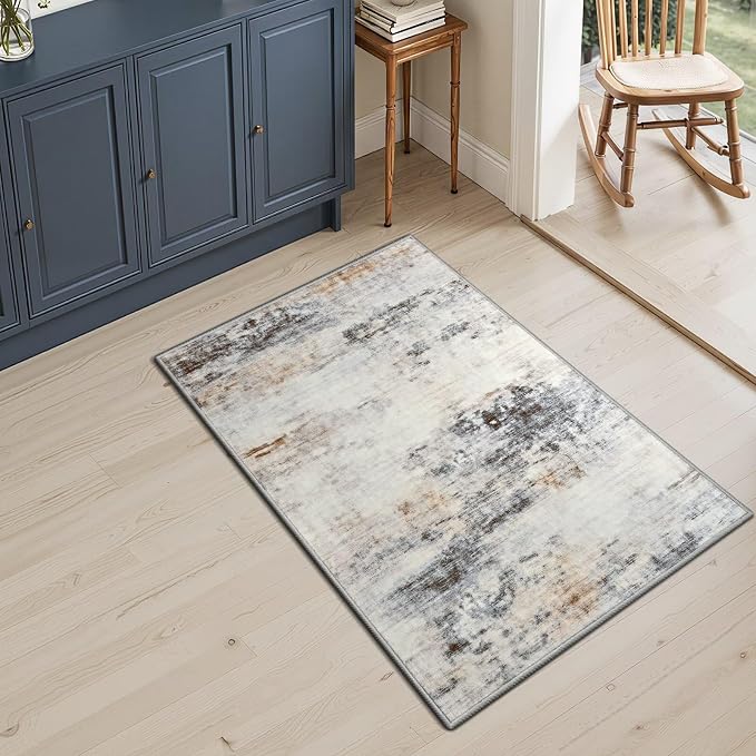 Toneed Washable 2x3 Grey/Brown Area Rug with Non-Slip Backing for Entryway | Abstract Modern Small Throw Rugs, Soft Low Pile Door Mat for Bedroom Kitchen Hallway Indoor Floor Home Decor