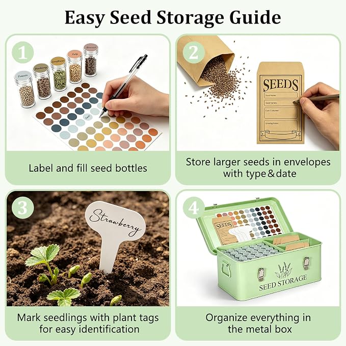 60-Slot Metal Seed Storage Organizer Box, Seed Saving Box | 3 Compartments Organization, 60 Seed Envelopes & Labels, Seed Packet Storage, for Flower Vegetable Seeds, Garden Organizer