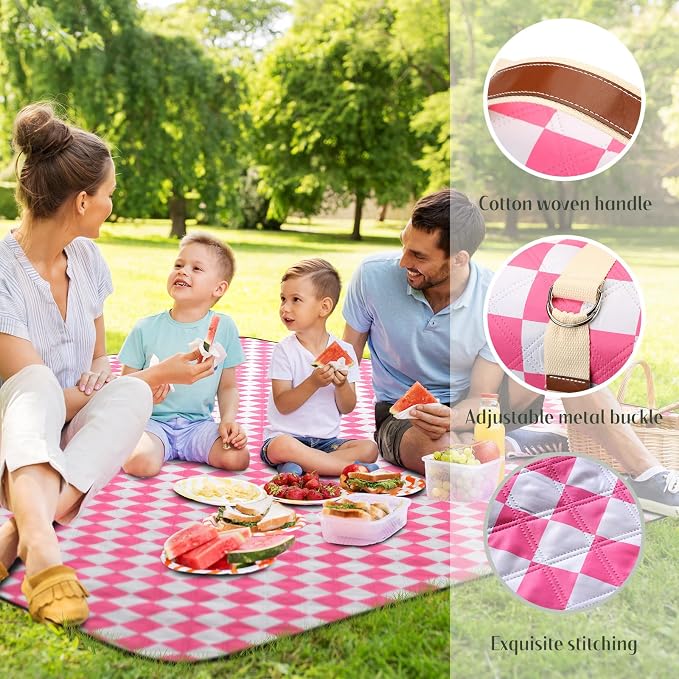 Nuanchu Checkered Picnic Blanket Extra Large Outdoor Blanket Sandproof 80"x80" Waterproof Portable Machine Washable 3 Layer Thick Gingham Picnic Mat for Beach Camping Park Grass Travel(Bright Pink)