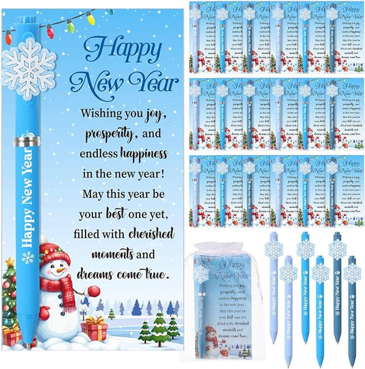 Marspark 30 Set Winter New Year Gifts Bulk Christmas Ballpoint Pens and Greeting Cards Set with Bag Twist Ties for Employee Coworker Teacher Student School Office Home Party Favor