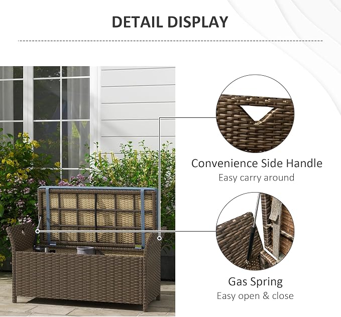 Outsunny 29 Gallon Patio Wicker Storage Bench, Outdoor PE Rattan Furniture, 2-in-1 Large Capacity Rectangle Garden Storage Box with Handles and Cushion, Dark Blue