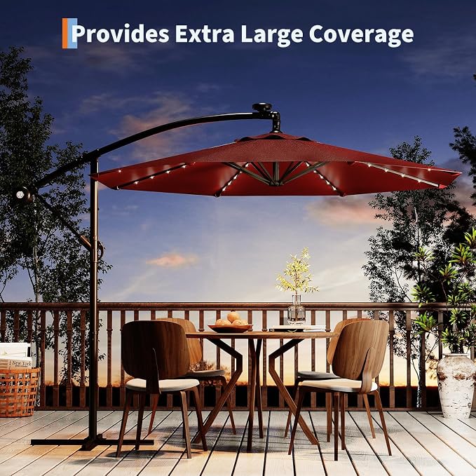 Garvee 10FT Solar Lights Offset Patio Umbrella with Cross Base, Cantilever Umbrella with Easy Lift & Tilt Adjustment, 8 Ribs Sun umbrella UV Protection for Backyard, Pool, Garden, Burgundy
