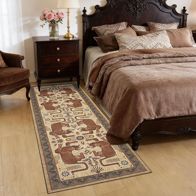GarveeHome Tiger Print 2'x6' Washable Runner Rug Non Slip Boho Hallway Rug | Camel Kitchen Runner Ultra Thin Soft Vintage Tribal Indoor Throw Floor Carpet for Laundry Entryway Bedroom Bathroom