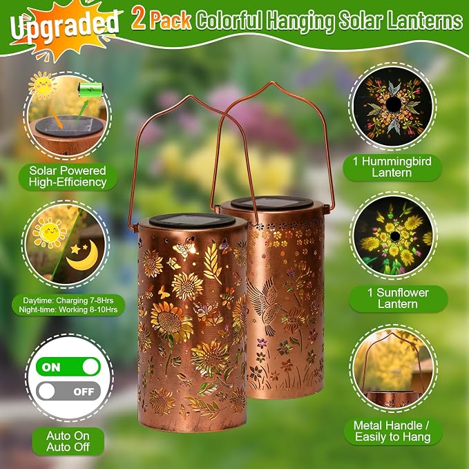 2 Pack Colorful Solar Outdoor Lanterns Waterproof - Sunflower + Hummingbird Solar Lantern Hanging Solar Light for Courtyard & Garden Decor, Ideal Birthday Gifts Mothers Day Gifts for Mom Wife Grandma