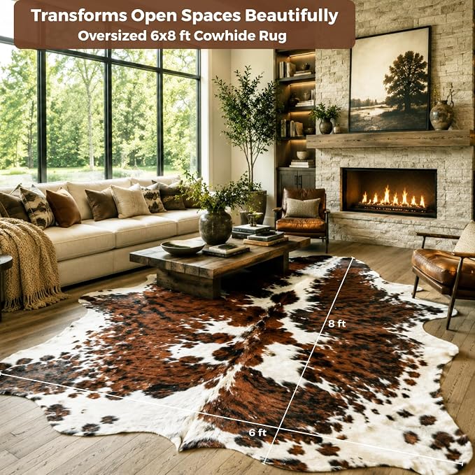 rodeo Genuine Cowhide Rug - Real Cow Hide Rug Large for Living Room & Bedroom - Western Rugs for a Natural Western Home Decor Ambiance - Rustic Cow Print Carpet Decor - 6x8 ft, Classic Tricolor