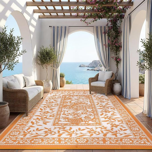Garvee Outdoor Rug 9x12, Waterproof Reversible Foldable Plastic Straw Rug, Botanical cottagecore Outdoor Rugs Patio Camping RV Carpet for Deck Camper Porch Balcony Backyard Picnic Beach Orange