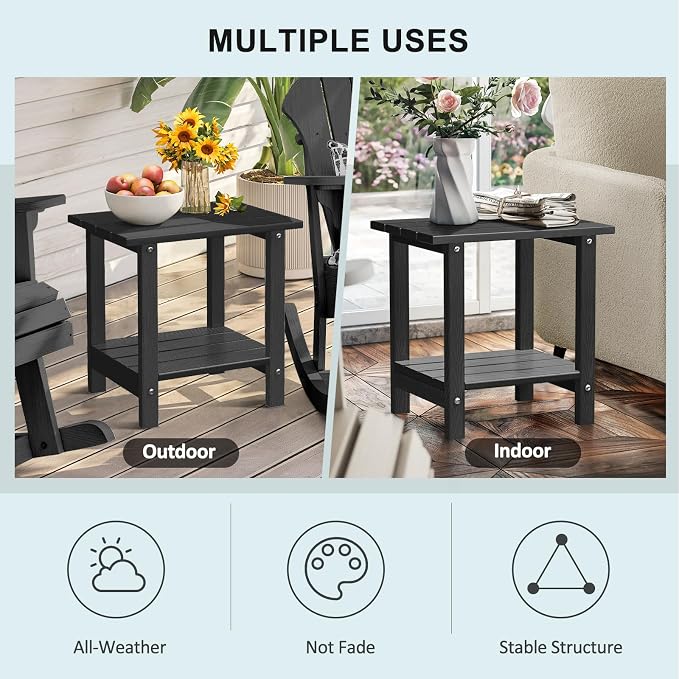 Adirondack Outdoor Side Table with Wood-Like Grain, 16.6" Small Patio End Table, 2-Tier HDPE Plastic Table for Poolside Porch Garden, Weather Resistant & Easy Assembly (Black, Rectangle)