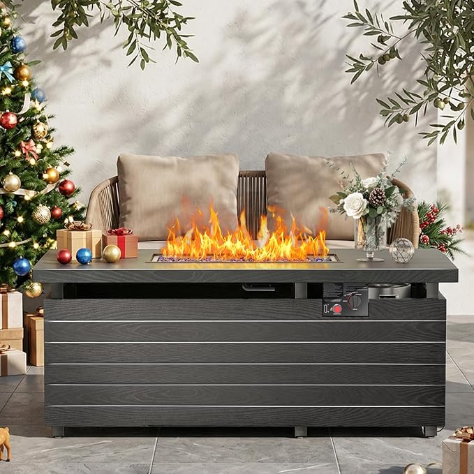 51 Inch Outdoor Propane Fire Pit Table, 50000 BTU Rectangular Propane Fire Pit with Steel Tabletop & Sliding Tank Holder, 4-in-1 Gas FirePit Table with Blue Glass Stones for Patio, Backyard