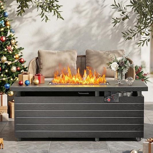 51 Inch Outdoor Propane Fire Pit Table, 50000 BTU Rectangular Propane Fire Pit with Steel Tabletop & Sliding Tank Holder, 4-in-1 Gas FirePit Table with Blue Glass Stones for Patio, Backyard