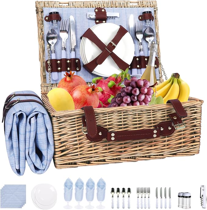 Picnic Baskets Wicker Willow Picnic Set for 4 Persons with Insulated Cooler Bag and Waterproof Blue Picnic Blanket Gift for Christmas Thanksgiving Wedding Birthday Camp Outdoor Beach Travel