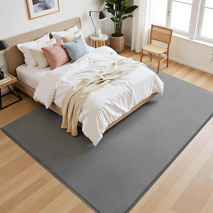SHACOS Ultra Soft Faux Rabbit Fur Area Rug 6'x9', Non Slip Washable Padded Living Room Rugs, Fluffy Cozy Indoor Modern Carpet for Bedroom Dining Room Kids Room Dorm Home Decor, Grey