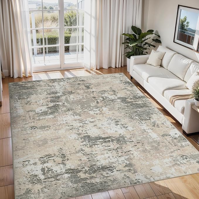 ROYHOME Modern Abstract Area Rug 10x13 Non Slip Non Shedding Rug Low Pile Stain Resistant for Bedroom Living Room,Grey Yellow