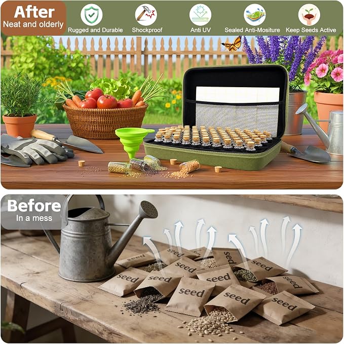 80 Slots Seed Storage Organizer Box, Sturdy Seed Organizer with Classic Vintage Design, Garden Seed Saver Kit with Label Stickers and Funnel, Airtight Seed Storage Container for Flowers, Vegetables