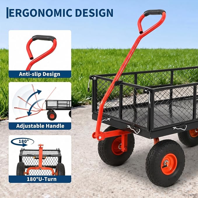 Garvee 900 LB Garden Cart, Heavy Duty Metal Utility Garden Wagon Cart. Red | 13 in All Terrain Tires, 4-in-1 Yard Wagon Cart with Removable Side Panels for Outdoor Lawn, Yard, Backyard