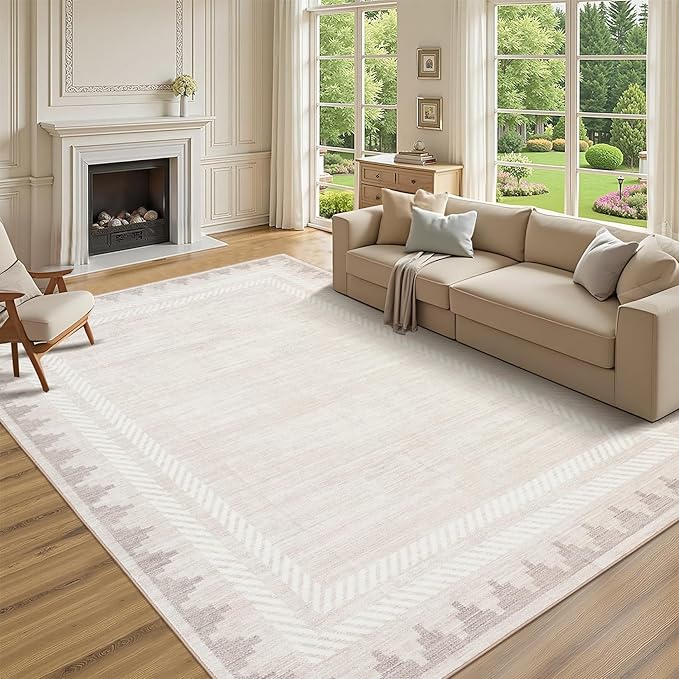 GarveeHome Extra Large Area Rug 10x13 Washable Rug Non Slip Stain-Resistant, Modern Geometric Border Carpet, Non Shedding Low Pile Floor Covering, Soft Neutral Mat for Open Spaces Offices, Cream