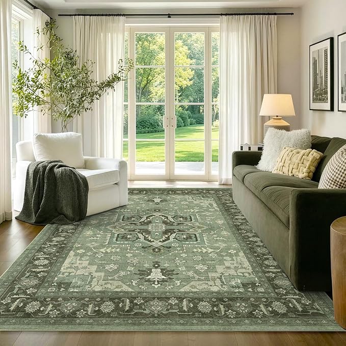 5x7 Ft Area Rugs for Living Room, Soft Non-Slip Machine Washable Rug, Vintage Stain Resistant Carpets for Bedroom Nursery Dining Room Home Decor (Green)