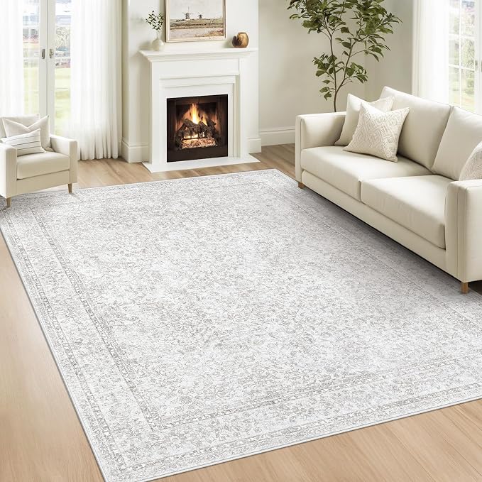 5x7 Area Rugs for Living Room: Washable Vintage Floral Rug Low Pile Non-Slip Boho Carpet for Nursery Bedroom Dining Room (Floral Grey, 5'x7')