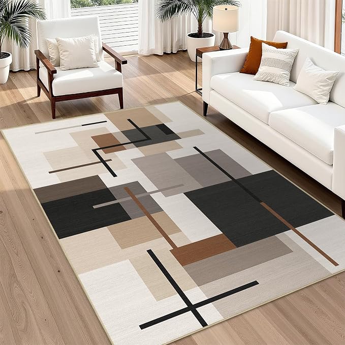 Geometric 3x5 Area Rug for Bedroom Neutral Abstract Mid Century Modern Rug Soft Washable Rugs Non Slip Low Pile Carpet for Nursery Home Office,Beige Brown Black