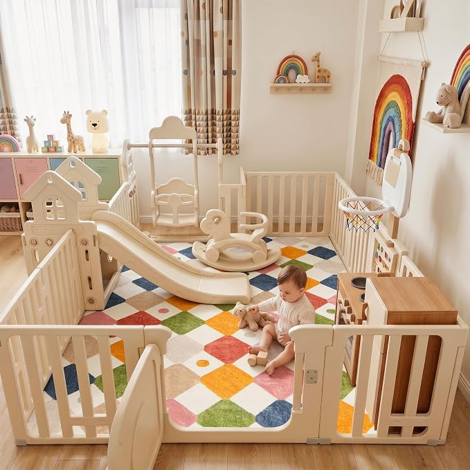 jinchan 6x9 Classroom Rug Washable Kids Area Rug Colorful Playroom Mat | Soft, Non-Slip, Cute, Kid-Friendly, Checkered Diamond Design, Cream Background, Nursery, Living Room, Bedroom, Dorm, Daycare