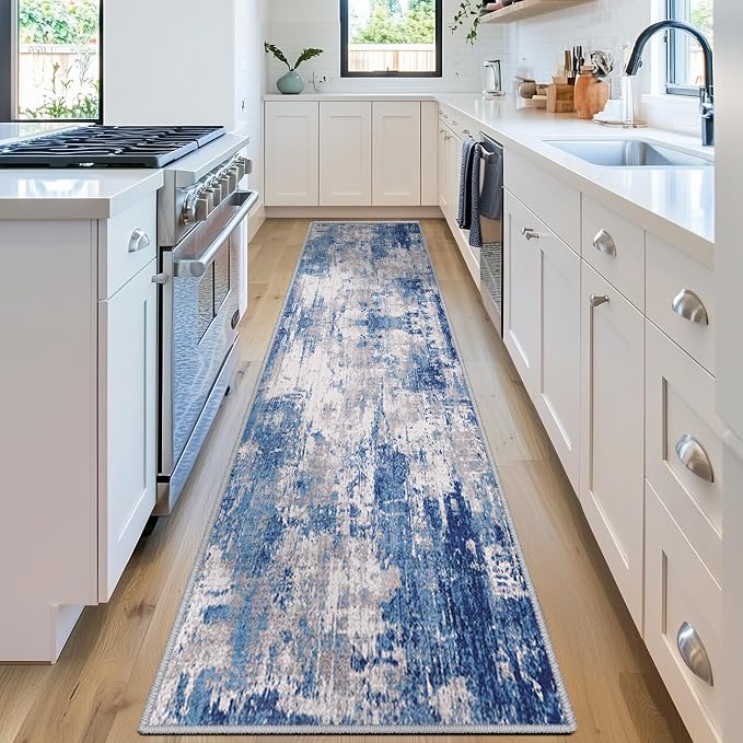 RELEANY Washable Runner 2'x10' Abstract Area Rug for Hallway Blue Gray | Carpet for Kitchen, Entryway, Bathroom, Living Room, Bedroom, Printed Pattern, Non‑Slip, Soft, Stain‑Resistant, Easy to Clean