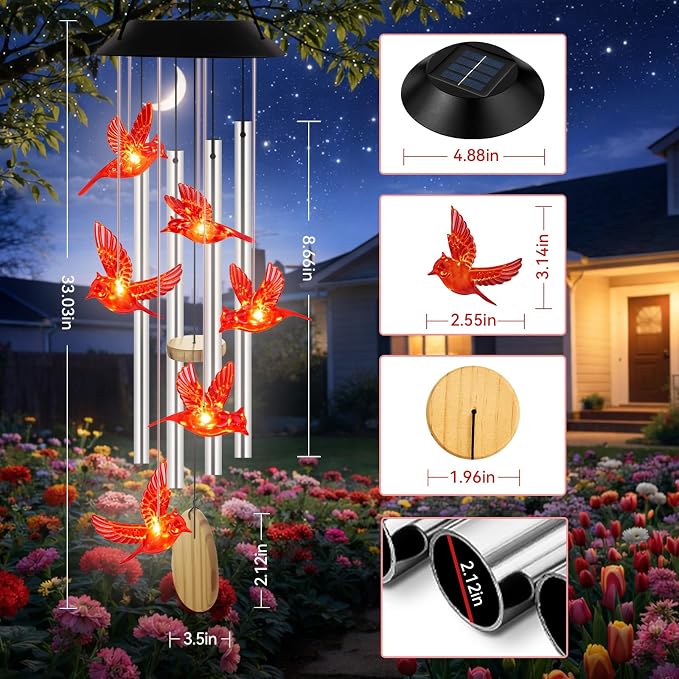 Wind Chimes for Outside, Solar Lights Outdoor Waterproof, Color Changing Cardinal Light for Yard, Outdoor, Patio, Garden Decor, Wind Mobiles Gardening Gifts for Women, Mom, Wife, Red Cardinal