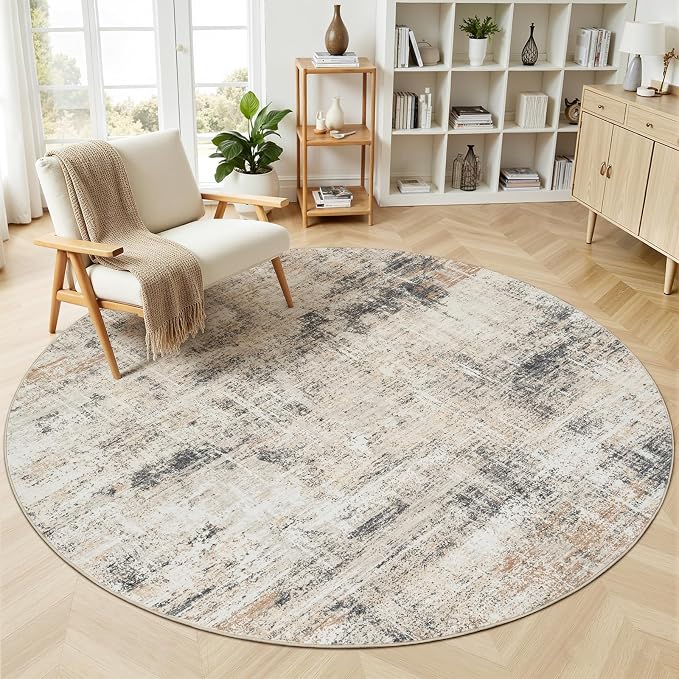 4ft Area Rug for Living Room, Abstract Washable Non-Slip Large Rugs, Gold | Soft Neutral Carpet for Bedroom, Dining Room, Home Office Nursery Indoor, Stain Resistant, Low Pile, Foldable Modern Rug