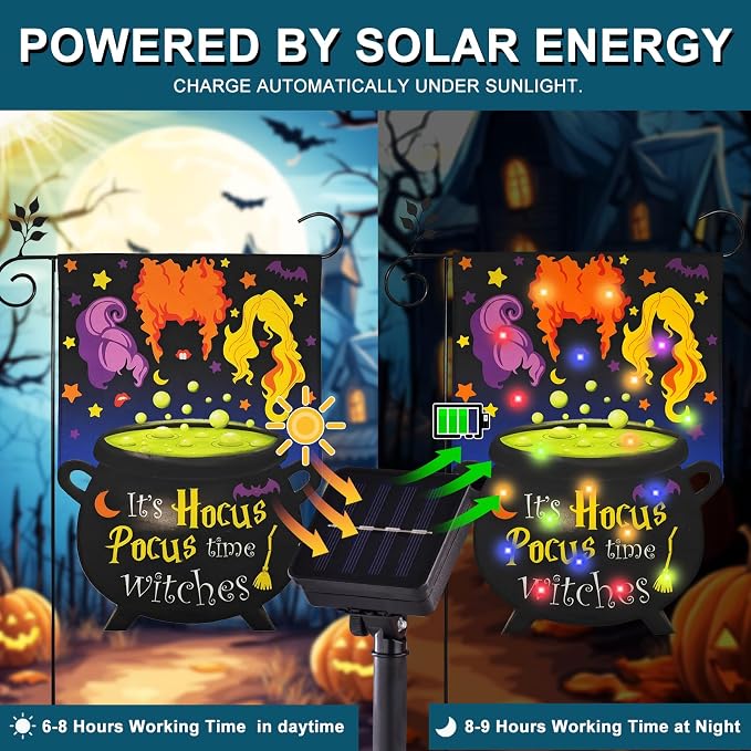 Halloween Lighted Garden Flag, Solar It's Hocus Pocus Witch Yard Flag for Outside, 8 Modes Double Sided Outdoor Halloween Decorations for Home Porch