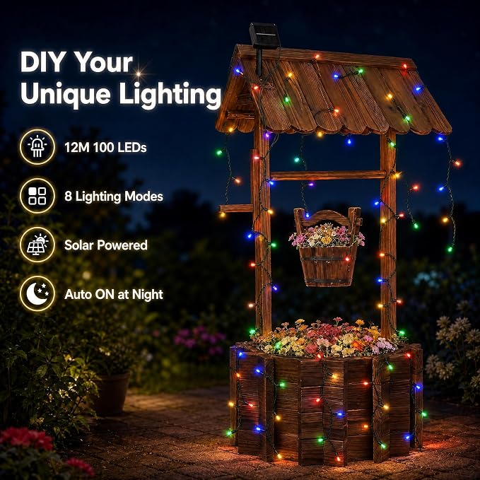 Wooden Wishing Well Planter With Light,4 Reinforced Rods,Dual Tier Planting | 8 Custom Lighting Modes, Adjustable Hanging Bucket, Multi-Yard Decor, Seasonal Plant Friendly, Easy Installation