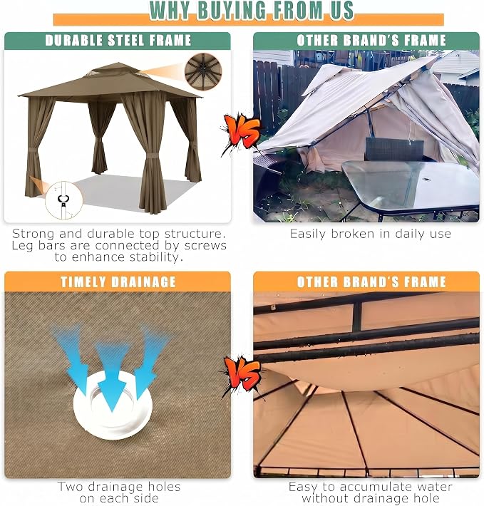 COBIZI 10x10 Gazebo with Double Roof & Mosquito Netting Outdoor Heavy-Duty Party Tent, Patio Tent with Zipper Screens - Backyard Garden Lawn Shelter Includes Wind Ropes Expansion Bolts, Khaki