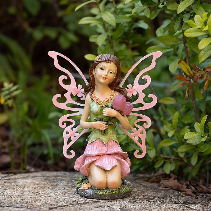 Suyorpe Solar Fairy Garden Statue Lights Outdoor Decor - Fairies Pink Flower Resin Waterproof Figurine for Patio Backyard Yard Lawn Decoration,Gift for Mom Grandma Wife
