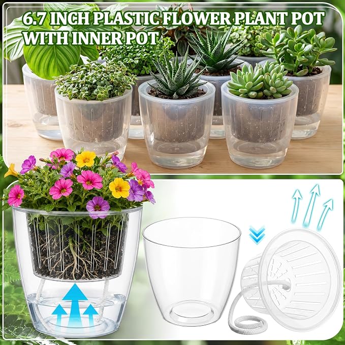 12 Pcs Self Watering Pots, 6.7 Inch Plastic Flower Plant Pot with Inner Pot Self Watering Wick Planter Clear Flower Pots for Indoor House Plants Herbs, Flowers, Succulents (Transparent)