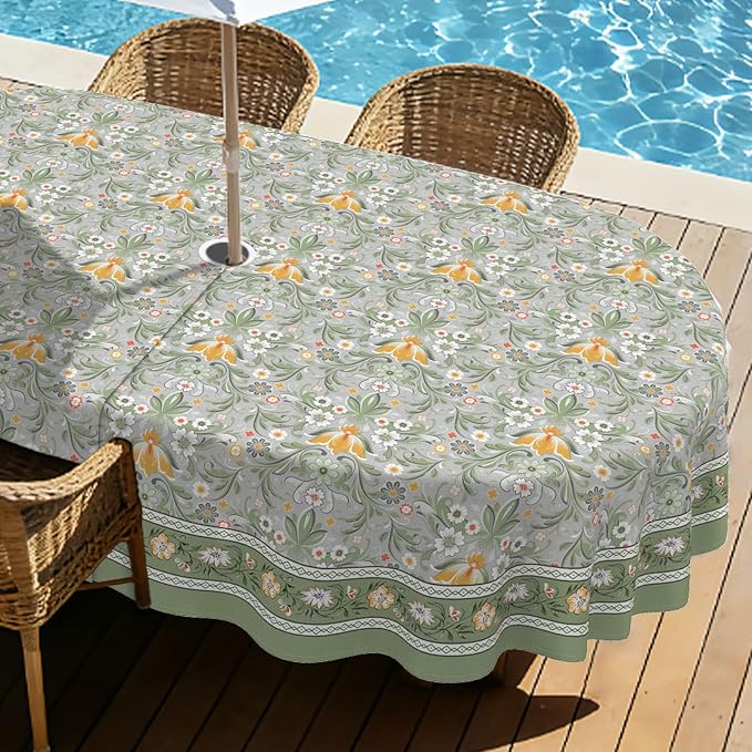 Green Print Outdoor Oval Tablecloth with Umbrella Hole 60" x 102" Waterproof Zipper Table Cloth for Patio Table - Ideal Tablecloths for Picnics, Camping, and Yard Use
