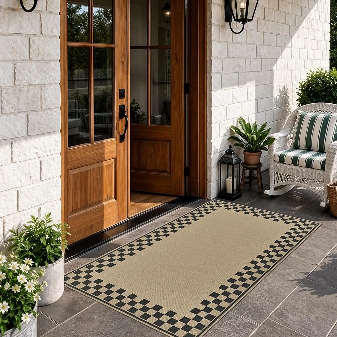 UERMEI 3x5 Outdoor Jute Area Rug Patio Farmhouse Checkered Brown | Indoor Outdoor Washable Non Slip Pet Friendly Carpet for Door Mat Area Rug for Patio Bedroom Living Room Kitchen Porch