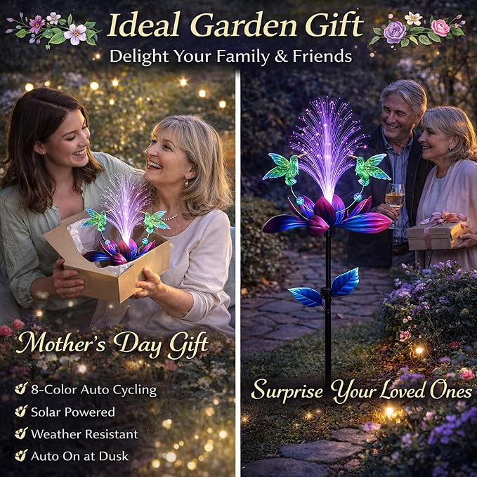 Solar Hummingbird Wind Spinner Outdoor 49 Inch Lotus Flower Metal Garden Windmill for Yard and Color Changing Fiber Optic Solar Yard Art Kinetic Wind Spinner Gift for Women Mother's Day Garden Gift