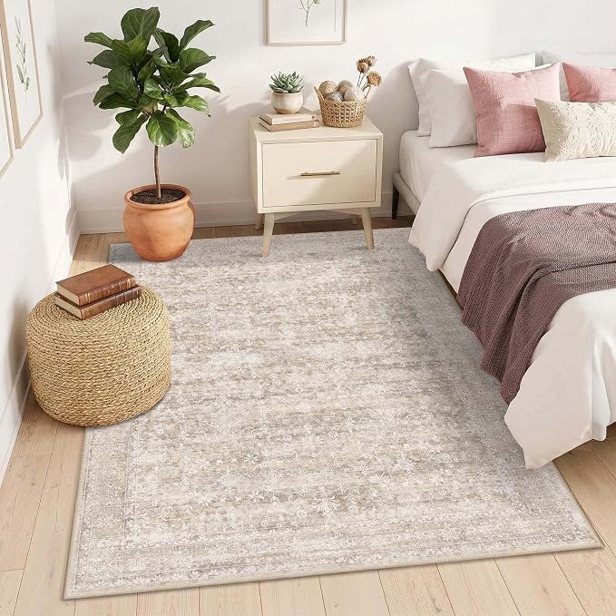 Latte&Fog 4x6 Beige Rugs for Living Room, Vintage Washable Area Rug | Non Slip Low Pile Soft Floral Cute Carpet for Dining Kitchen Kids Playroom Nursery Guest Room Classroom Dorm Farmhouse Office