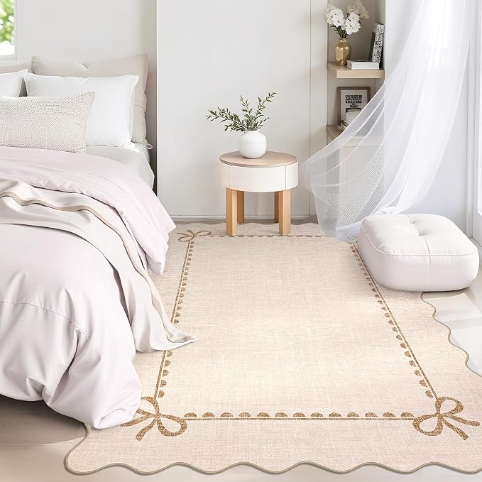 GarveeHome Scalloped Bow Rug 3x5 Washable Beige Rug for Bedroom Living Room | Non Slip Soft Low Pile Indoor Carpet for Nursery Girls Bedroom Decor Hallway Kids Room College Dorm Playroom