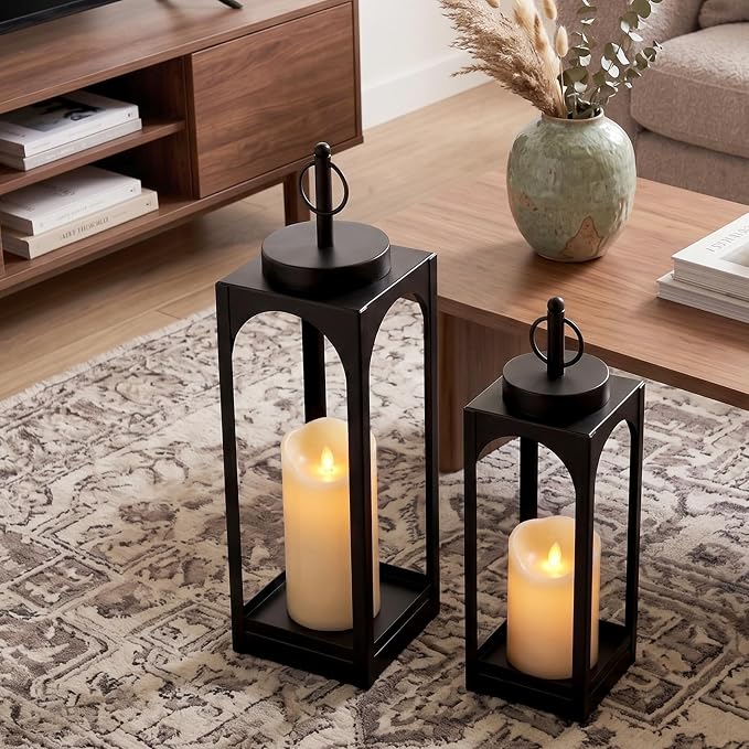 MATAHUM 18" 13" Decorative Lanterns Set of 2, Black Metal Farmhouse Lanterns with Flameless Candles, Outdoor Lantern Decor Indoor Candle Lantern for Fireplace, Porch, Patio, Garden, Wedding