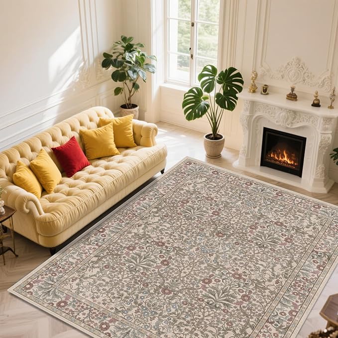 Vintage Moss Living Room Rug, 9x12 Washable Area Rugs for Dining Room Under Table, Soft Low Pile Large Carpet Bedroom, Non-Slip Boho Floral (9 x 12 Moss)