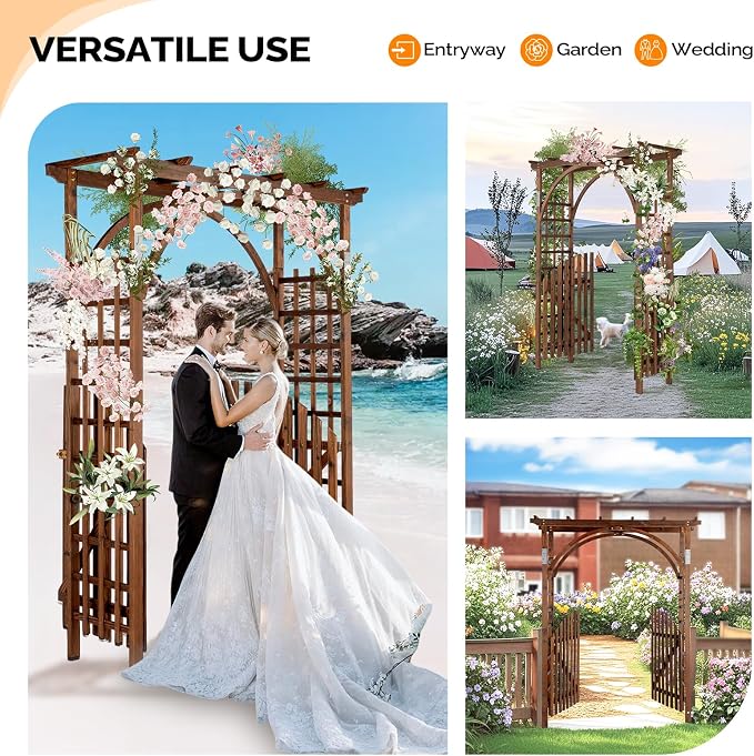 VINGLI 85in Wooden Arbor Garden Arch, Wedding Arch for Ceremony, Wood Trellis for Plant Climbing, Christmas Decor Pergola for Garden Backyard, Lawn (Wooden Brown)