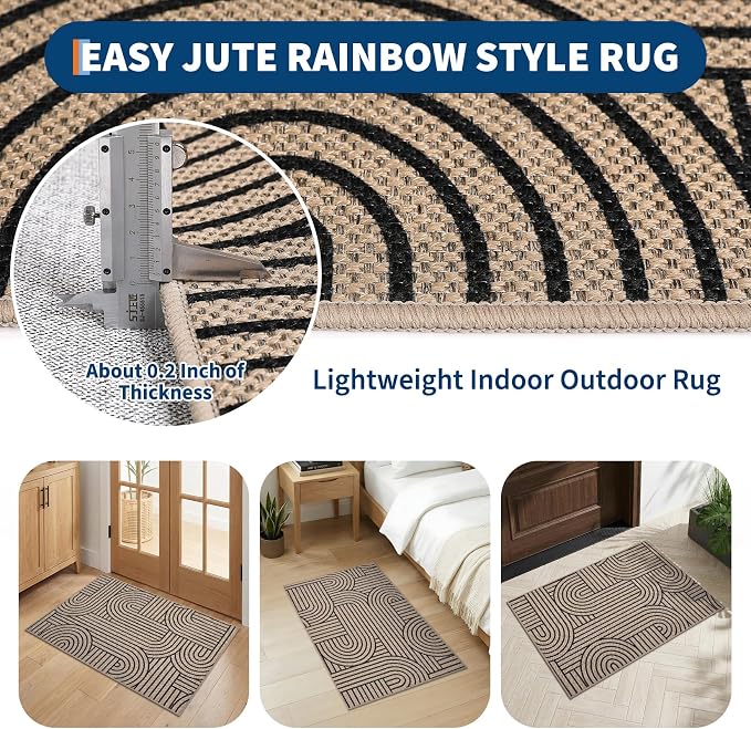 GarveeHome Easy Jute Rainbow Rug 2x3 Entryway Rug Indoor Outdoor Front Door Mat Neutral Non Slip Non Shedding Washable Farmhouse Kitchen Mat