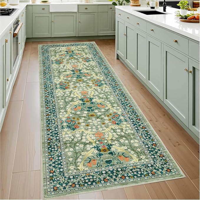 GarveeHome Sage Green Floral 2x6 Washable Kitchen Runner Rug | Vintage Stain Resistant Rugs for Entryway Hallway Bedroom Bathroom Low-Pile Non-Slip Soft Botanical Boho Rug TPE Backing