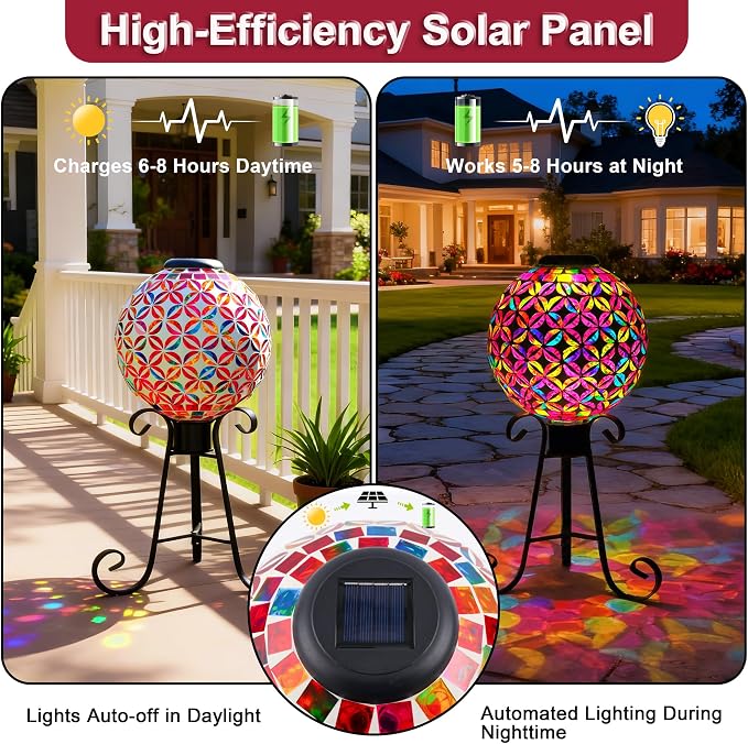 SAVENNA Mosaic Solar Gazing Ball 10 Inch, Glass Garden Globe with Auto On/Off for Yard, Lawn & Outdoor Decor, Multicolor Geometric